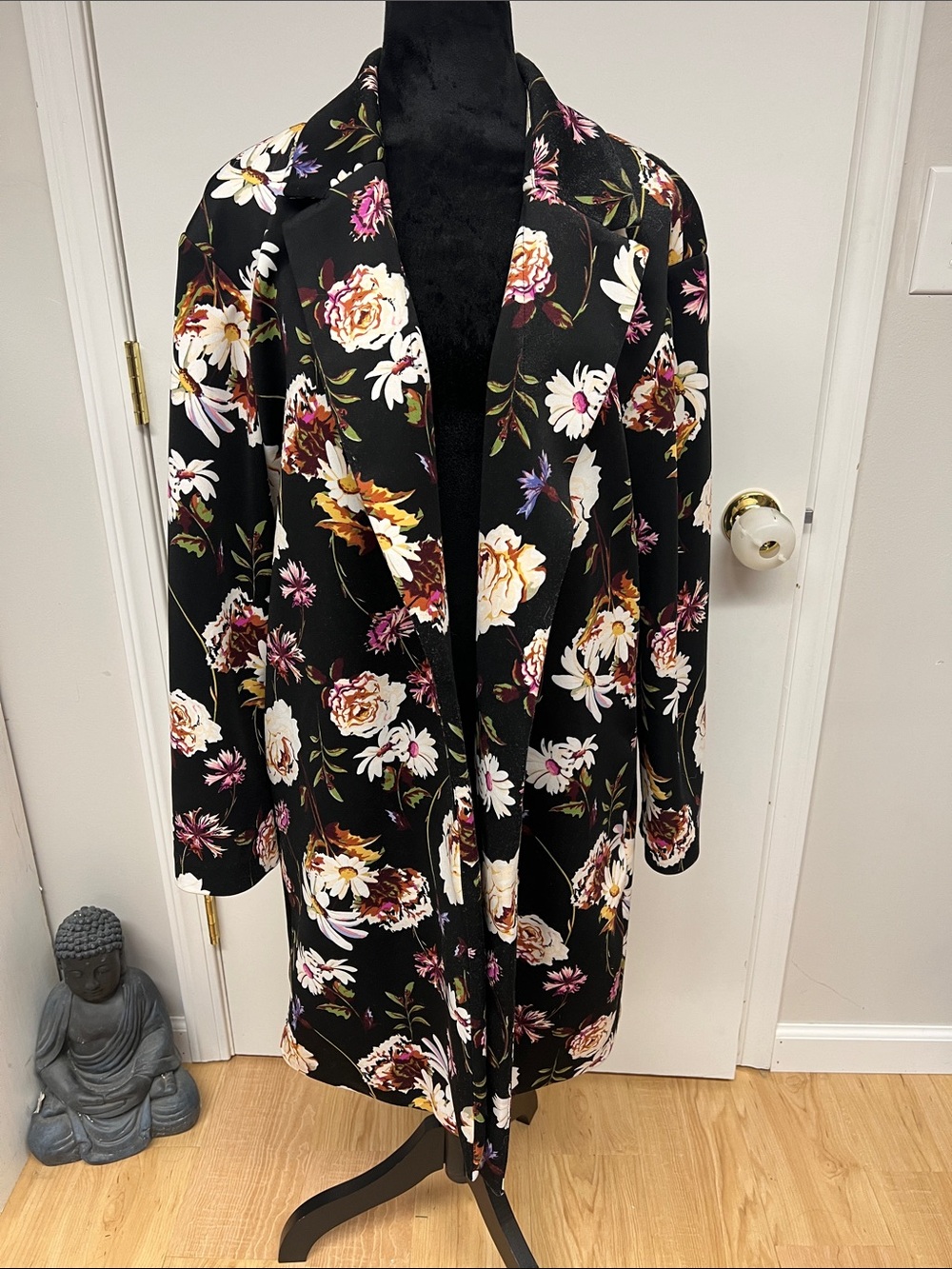 Floral Open-Front Long Jacket Coat - Black Floral
